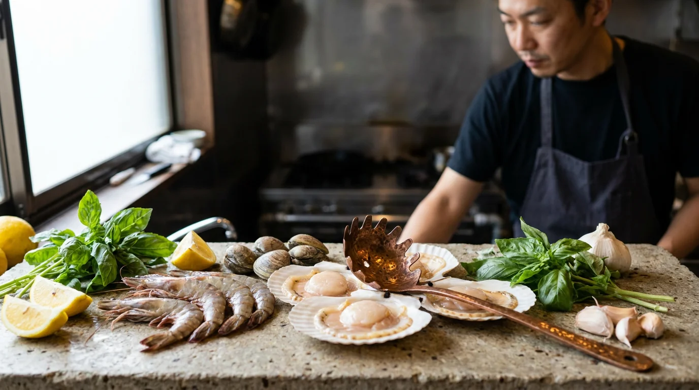 瑞々しい野菜と魚介を調理前に並べた食材