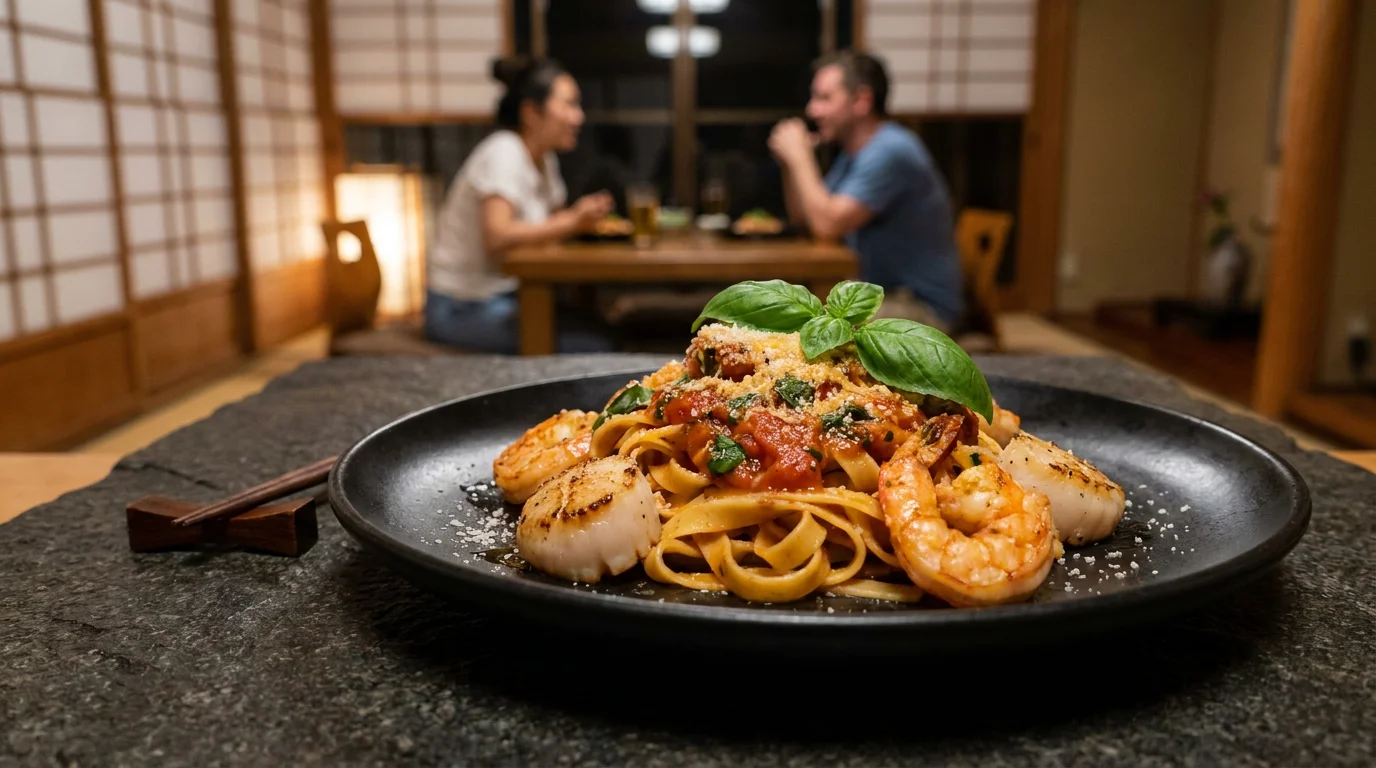 魚介の旨みをまとわせた手打ちパスタのクローズアップ