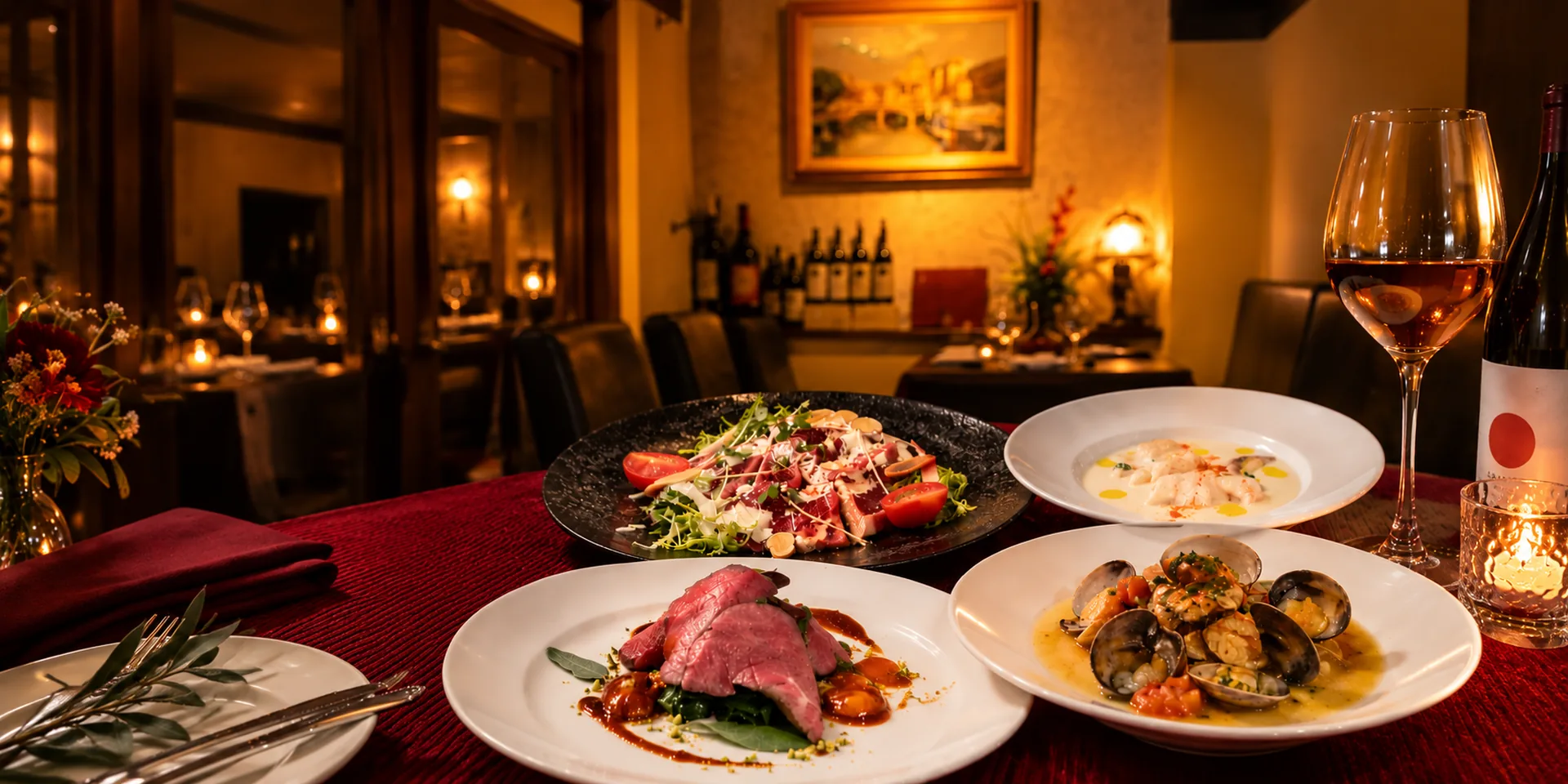 テーブル席と間接照明が並ぶイタリア料理店の店内